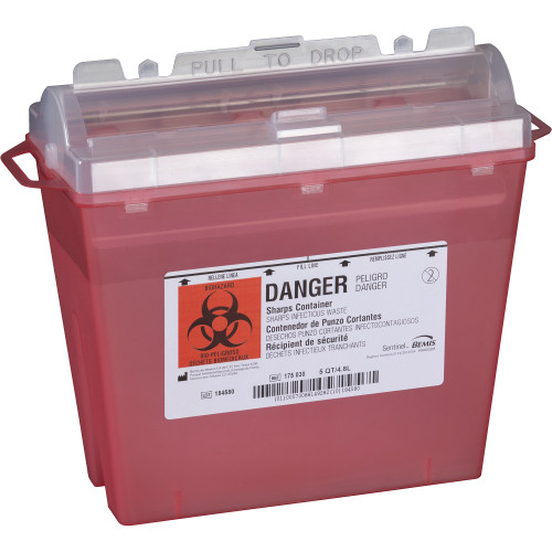 Bemis Sentinel Sharps Container Translucent Red Base 10 H X 5-1/4 W X 11 D Inch Horizontal Entry 1.25 Gallon, 175 030, Pack of 1