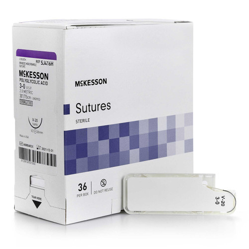 Absorbable Suture with Needle McKesson Polyglycolic Acid V-20 1/2 Circle Taper Point Needle Size 3 - 0 Braided SJ416H Box of 1 SJ416H McKesson 1034527_BX