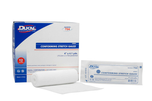 Conforming Bandage Dukal™ 4 Inch x 4-1/10 Yard 1 per Pack Sterile 1-Ply Roll Shape 704 Bag of 12 704 Dukal™ 374456_BG