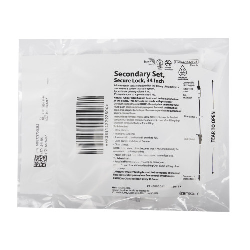 ICU Secondary IV Administration Set Gravity Without Ports 15 Drops / mL Drip Rate Without Filter 34 Inch Tubing Solution, 1422928, Pack of 1