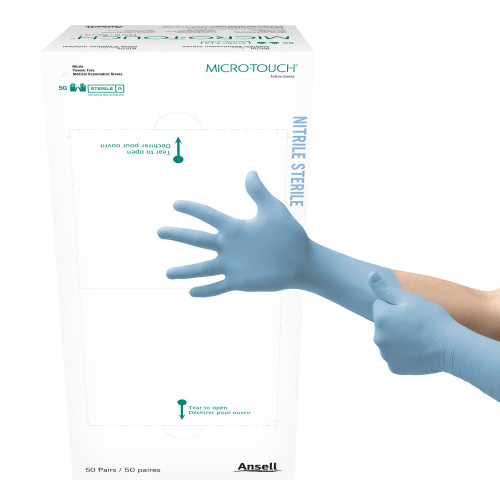 Micro-Touch Exam Glove Large Sterile Pair Nitrile Extended Cuff Length Textured Fingertips Blue Chemo Tested, 6034153, Box of 1