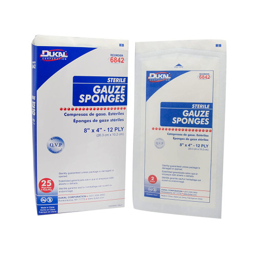Dukal Gauze Sponge 4 X 8 Inch 12-Ply Sterile 2 per Pack, 6842, Pack of 1