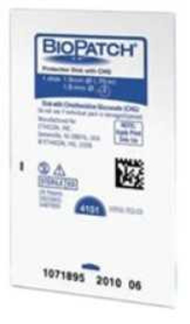 I.V. Dressing with CHG Biopatch® CHG (Chlorhexidine Gluconate) 3/4 Inch Disk (1.9 cm) with1.5 mm Center Hole Sterile 4151 Pack of 1 4151 Biopatch® 702659_EA I.V. Dressing with CHG Biopatch® CHG (Chlorhexidine Gluconate) 3/4 Inch Disk (1.9 cm) with1.5 mm Center Hole Sterile 4151 Pack of 1 4151 Biopatch® 702659_EA