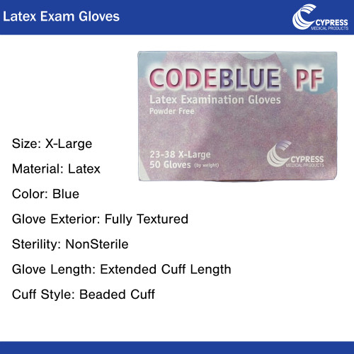 CODEBLUE PF Exam Glove X-Large NonSterile Latex Extended Cuff Length Fully Textured Blue Not Rated, 23-38, Case of 10