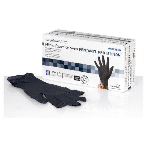 McKesson Confiderm LDC Exam Glove X-Large NonSterile Nitrile Standard Cuff Length Fully Textured Black Chemo Tested / Fentanyl Tested, 14-6N58C, Box of 230