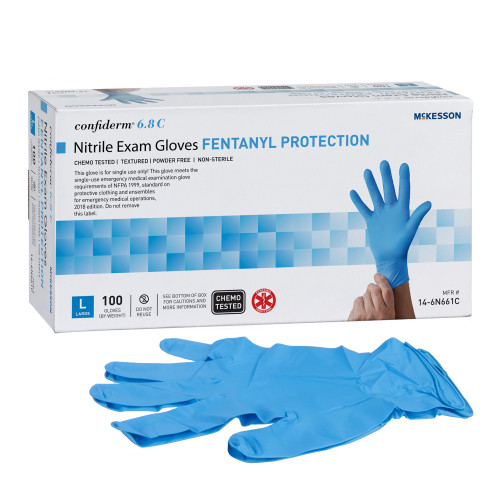 McKesson Confiderm 6.8C Exam Glove Large NonSterile Nitrile Standard Cuff Length Fully Textured Blue Chemo Tested / Fentanyl Tested, 14-6N661C, Case of 1000