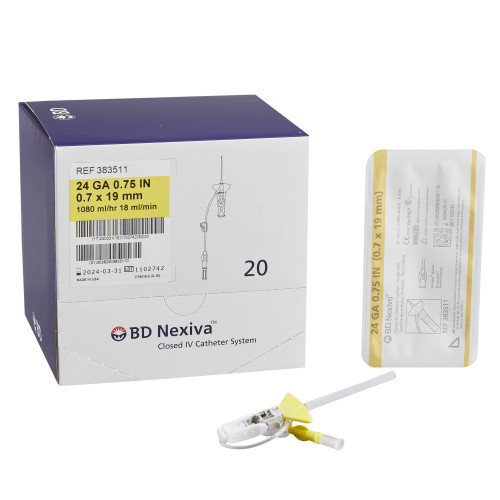 Nexiva Closed IV Catheter 24 Gauge 3/4 Inch Vialon Biomaterial Winged Hub Blood Control, 383511, Box of 20