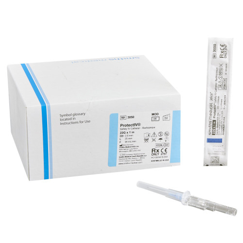 Protectiv Peripheral IV Catheter 22 Gauge 1 Inch FEP Polymer Straight Hub Non Blood Control Sliding Safety, 305006, Case of 200