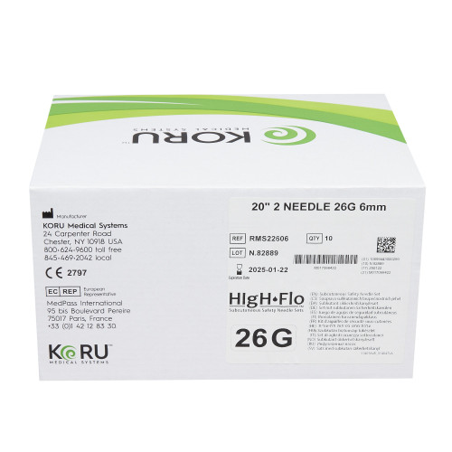 HIgH-Flo2 Sub-Q Infusion Set 2 X 26 Gauge 6 mm 20 Inch Tubing Without Port, RMS22606, Box of 10