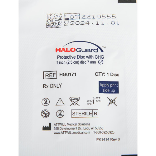 HaloGUARD Antimicrobial Protective Disc CHG (Chlorhexidine Gluconate) 1 Inch Disc / 7 mm Hole Diameter Sterile, HG01710, Box of 10