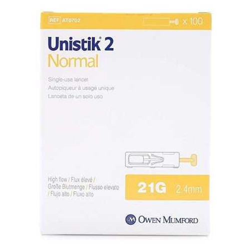 Safety Lancet Unistik 2 21 Gauge Retractable Push Button Activation Finger AT 0702 Box of 100 AT 0702 Unistik 2 1195452_BX
