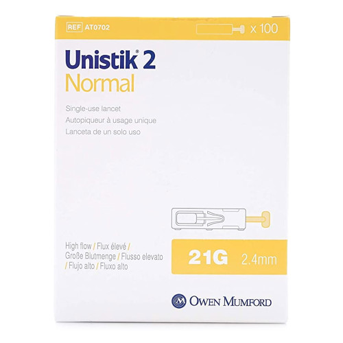 Safety Lancet Unistik 2 21 G, Retractable, Push-Button Activation, AT 0702, Box of 100