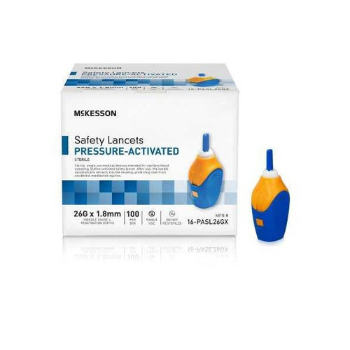 McKesson Safety Lancet, 1.8 mm Depth, 26 Gauge, Pressure Activated, Blue, Sterile, 20 per Box, Box of 100