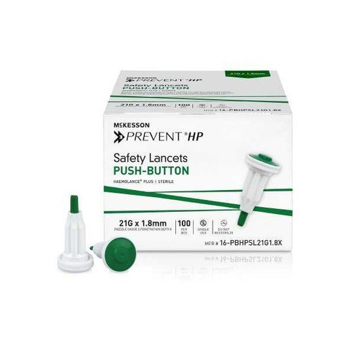 McKesson Prevent HP Safety Lancet, 1.8 mm Depth, 21 Gauge, Push Button Activation, Green, Sterile, 20 per Box, Box of 100