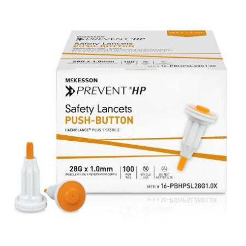 Safety Lancet McKesson Prevent® HP 28 Gauge Retractable Push Button Activation Finger 16-PBHPSL28G1.0X Box of 100 16-PBHPSL28G1.0X McKesson Prevent® HP 1217987_BX