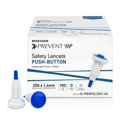Safety Lancet McKesson Prevent® HP 25 Gauge Retractable Push Button Activation Finger 16-PBHPSL25G1.4X Case of 2000 16-PBHPSL25G1.4X McKesson Prevent® HP 1217985_CS