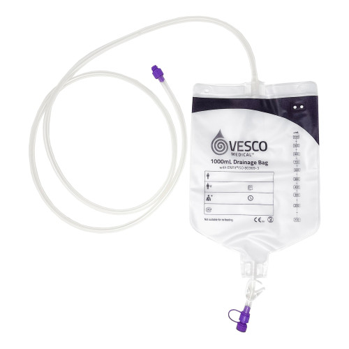 Vesco Medical Enteral Drainage Bag with ENFit Connector 60 Inch Tubing 1000 mL Sterile, VED-012EO, Pack of 1