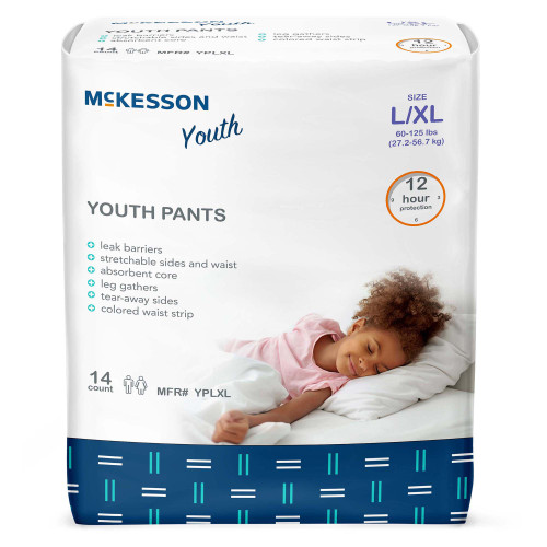 McKesson Unisex Youth Absorbent Underwear Pull On with Tear Away Seams Large / X-Large Disposable Heavy Absorbency, YPLXL, Bag of 14
