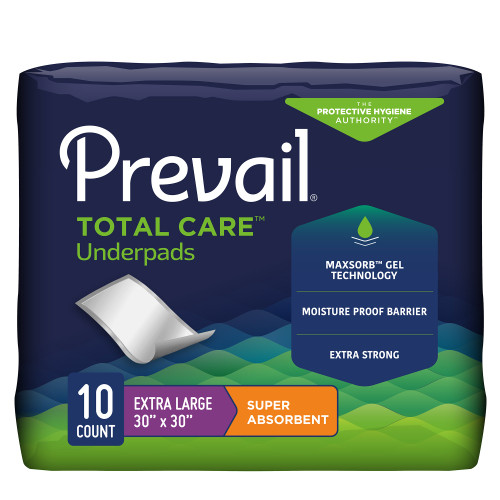 Prevail Total Care Disposable Underpad 30 X 30 Inch Super Absorbent Core Heavy Absorbency, UPS-120/1, Pack of 10
