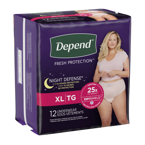 Depend Night Defense Absorbent Underwear Waistband Style Adult X-Large Female Disposable Heavy Absorbency, 55154, Pack of 12