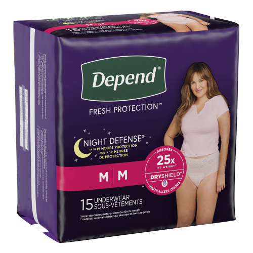 Depend Night Defense Absorbent Underwear Waistband Style Adult Medium Female Disposable Heavy Absorbency, 51703, Pack of 15
