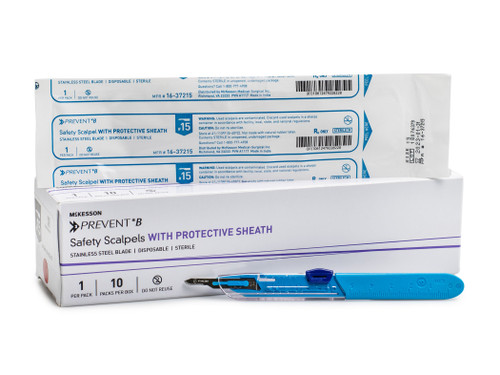 Safety Scalpel McKesson Prevent B No. 15 Stainless Steel / Plastic Classic Grip Handle Sterile Disposable 16-37215 Box of 10