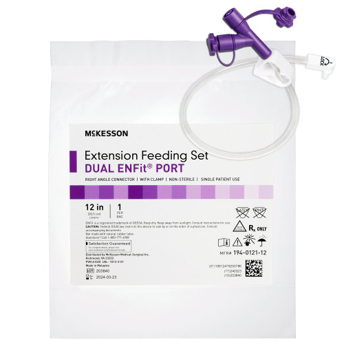 McKesson Enteral Feeding Extension Set 12 Inch, Enfit, Y-Port, Right Angle Connector and Clamp, NonSterile, 194-0121-12, Box of 5