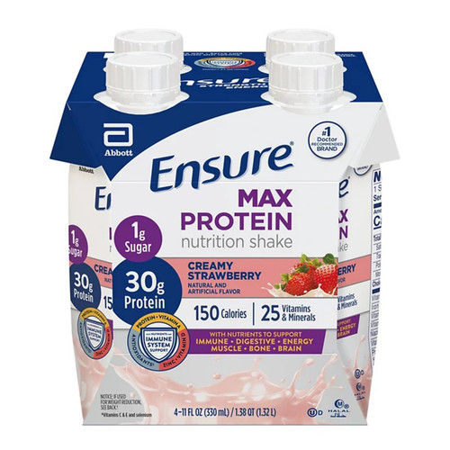 Oral Supplement Ensure Max Protein Nutrition Shake Creamy Strawberry Flavor Liquid 11 oz. Reclosable Carton 68169 Pack of 4