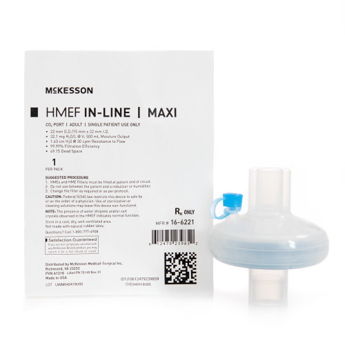 McKesson Heat and Moisture Exchanger with Filter 32.1 mg H?O/L @ VT 500 mL 1.43 cm H?O @ 30 LPM, 16-6221, Case of 50