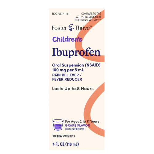 Foster & Thrive Children's Pain Relief 100 mg / 5 mL Strength Ibuprofen Oral Suspension 4 oz., 70677111801, Bottle of 1