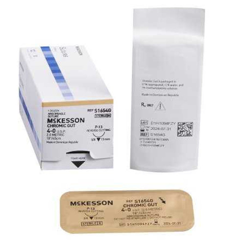 Absorbable Suture with Needle McKesson Chromic Gut P-13 3/8 Circle Precision Reverse Cutting Needle Size 4 - 0 S1654G Box of 1 S1654G McKesson 1034495_BX