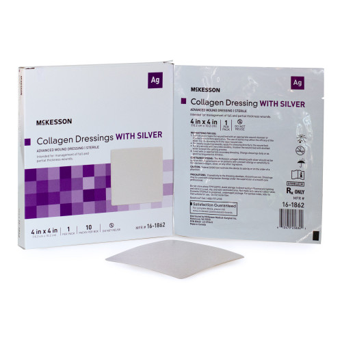 McKesson Silver Collagen Dressing 4 X 4 Inch Square Sterile, 16-1862, Box of 10