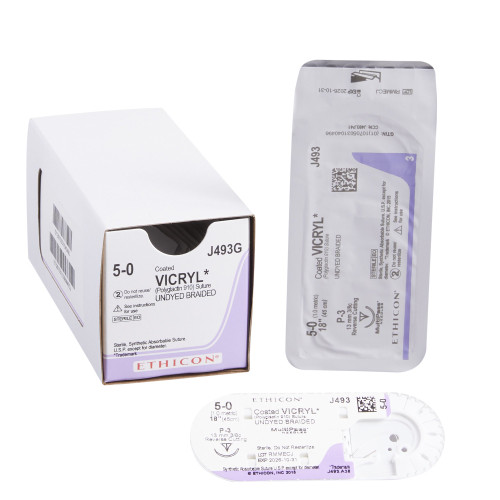 J & J Coated Vicryl Absorbable Suture with Needle, Size 5 - 0, 18'' Suture, 1-Needle, Undyed, Needle Length 13 mm, 3/8 Circle, Precision Reverse Cutting Needle, Box of 12