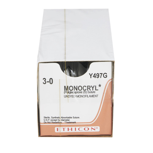 J & J Monocryl Absorbable Suture with Cutting Needle, Size 3 - 0, 18'' Suture, 1-Needle, Undyed, Needle Length 19 mm, 3/8 Circle, 227219, Box of 12