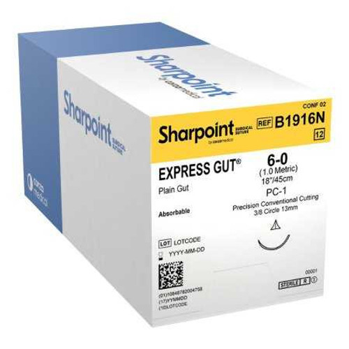 Absorbable Suture with Needle Surgical Specialties™ Plain Gut PC-1 3/8 Circle Precision Conventional Cutting Needle Size 6 - 0 B1916N Box of 12 B1916N Surgical Specialties™ 1153398_BX