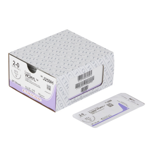 J & J Coated Vicryl Absorbable Suture with Needle, Size 2 - 0, 27'' Suture, 1-Needle, Undyed, Needle Length 36 mm, 1/2 Circle, Taper Point Needle, Box of 36