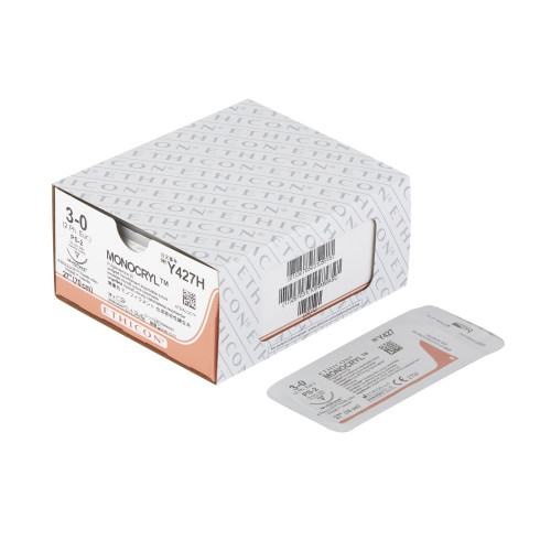 J & J Monocryl Absorbable Suture with Needle, Size 3 - 0, 27'' Suture, 1-Needle, Undyed, Needle Length 19 mm, 3/8 Circle, Precision Reverse Cutting Needle, Box of 36
