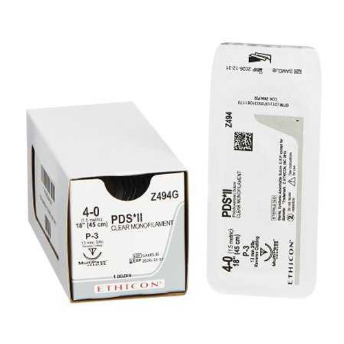 Absorbable Suture with Needle PDS™ II Polydioxanone P-3 3/8 Circle Precision Reverse Cutting Needle Size 4 - 0 Monofilament Z494G Box of 12 Z494G PDS™ II 141475_BX