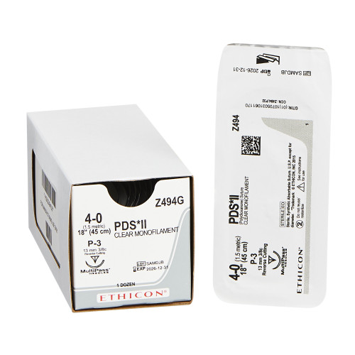 J & J PDS II Absorbable Suture with Needle, Size 4 - 0, 18'' Suture, 1-Needle, Clear, Needle Length 13 mm, 3/8 Circle, Precision Reverse Cutting Needle, Box of 12