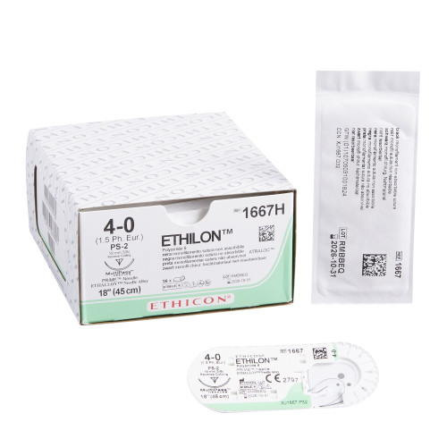 Nonabsorbable Suture with Needle Ethilon Nylon PS-2 3/8 Circle Precision Reverse Cutting Needle Size 4 - 0 Monofilament 1667H Box of 36