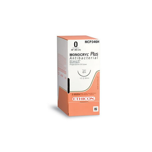 Absorbable Antibacterial Suture with Needle Monocryl Plus Poliglecaprone 25 with Irgacare MP Antibacterial Suture PS-1 3/8 Circle Reverse Cutting Needle Size 3 - 0 MCP936H Box of 3