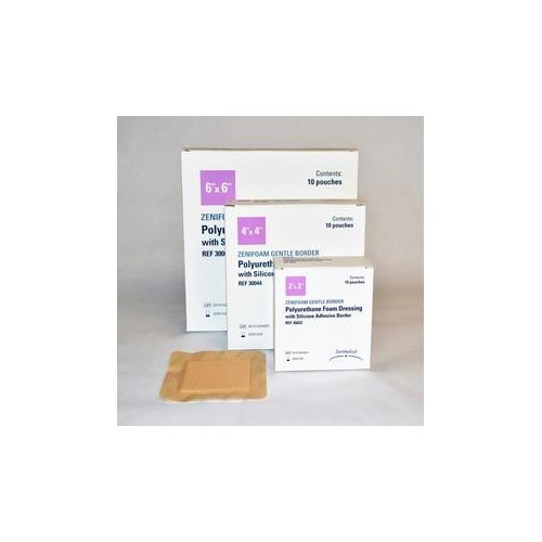 Zenifoam Gentle Border Foam Dressing 4 X 4 in Waterproof Backing Silicone Face and Border, 30044, Box of 10