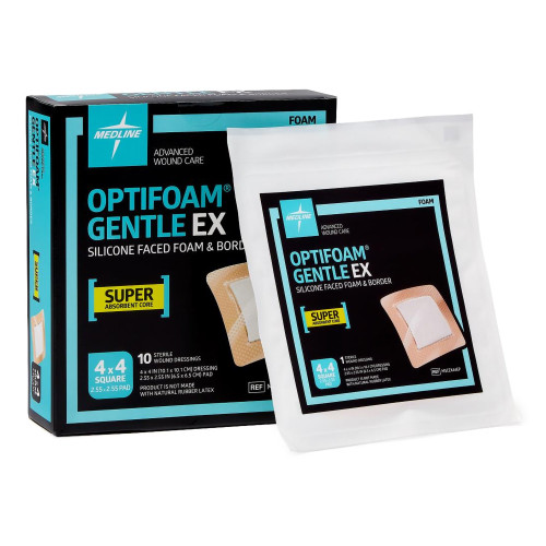 Optifoam Gentle EX Foam Dressing 4 X 4 Inch With Border Waterproof Backing Silicone Face and Border Square Sterile, MSCEX44EP, Case of 100