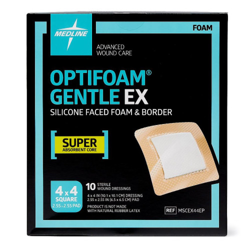 Optifoam Gentle EX Foam Dressing 4 X 4 Inch With Border Waterproof Backing Silicone Face and Border Square Sterile, MSCEX44EP, Case of 100
