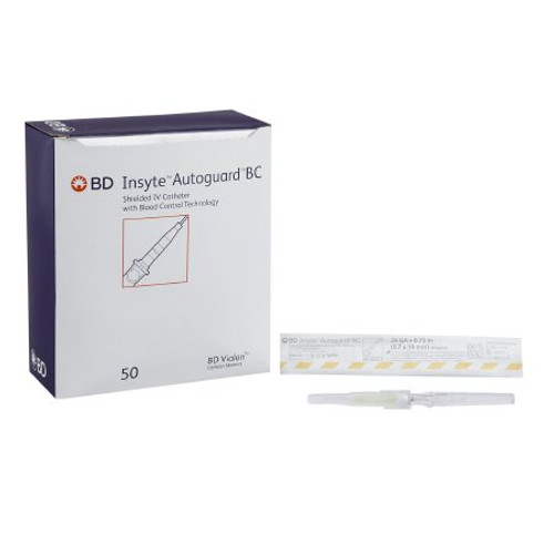 Insyte Autoguard BC Peripheral IV Catheter, Straight Hub, 24G x 3/4'', BD Vialon, Shielding Safety Neddle, Yellow, 382512, Pack of 1