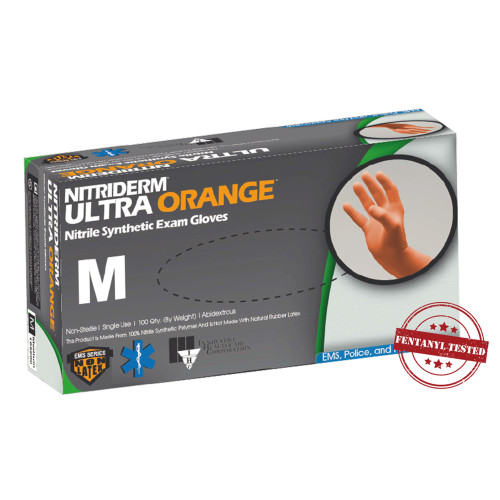 NitriDerm Ultra Orange Exam Glove Medium NonSterile Nitrile Standard Cuff Length Fully Textured Orange Chemo Tested / Fentanyl Tested, 199200, Case of 1000