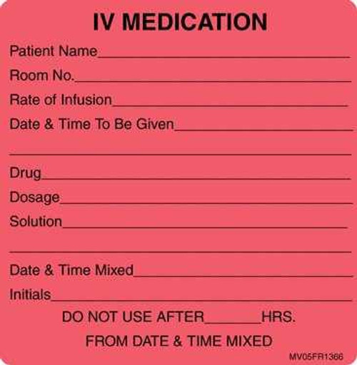 Pre-Printed Label MedVision® Advisory Label Fluorescent Red Paper IV Medication Added Black Medication Instruction 2-7/16 x 2-1/2 Inch MV05FR1366 Roll of 1 MV05FR1366 MedVision® 568256_RL