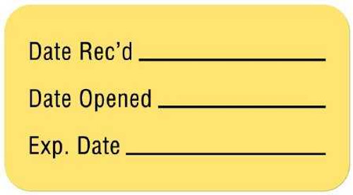 Pre-Printed / Write On Label Advisory Label Yellow Paper Date Rec'D __________ / Date Opened __________ / Exp. Date __________ Quality Control Label 7/8 x 1-5/8 Inch ULLR138 Roll of 560 ULLR138 United Ad Label 1007800_RL