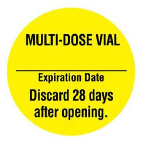 Pre-Printed Label UAL Auxiliary Label Yellow Paper Multi-Dose Vial Expiation Date Discard 28 Days after opening Black Syringe Label 1 Inch Diameter ULPH229 Roll of 1 ULPH229 UAL 1203358_RL