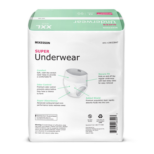 McKesson Absorbent Underwear Pull On with Tear Away Seams Adult 2X-Large Unisex Disposable Moderate Absorbency, UW33847, Bag of 12